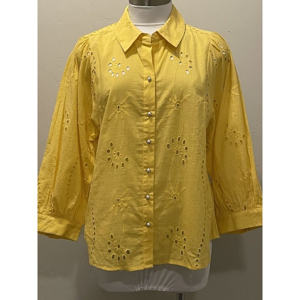 NEW Anthropologie Forever That Girl‎ Eyelet Shirt Balloon Sleeve Yellow sz.Small